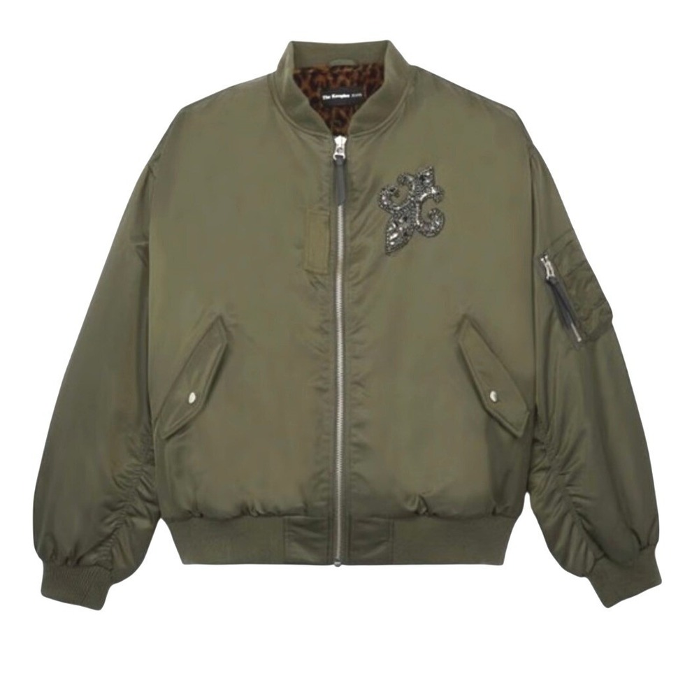 The Kooples Womens Green Bomber Jacket Fleur de Lis‎ Beaded Badge Oversized New